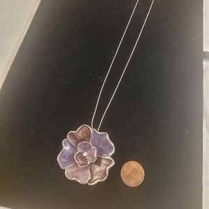 WOMAN'S 21" LONG SILVER TONE NECKLACE PURPLE FLOWER PENDANT BLING SPARKLE